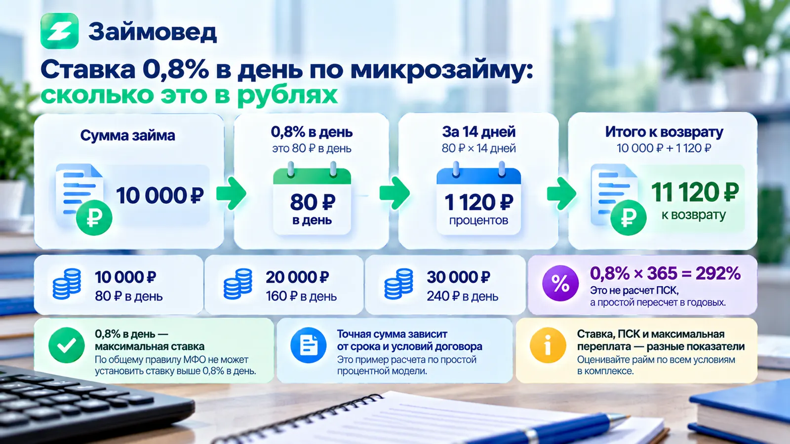 Ставка 0,8% в день по микрозайму — расчет процентов в рублях